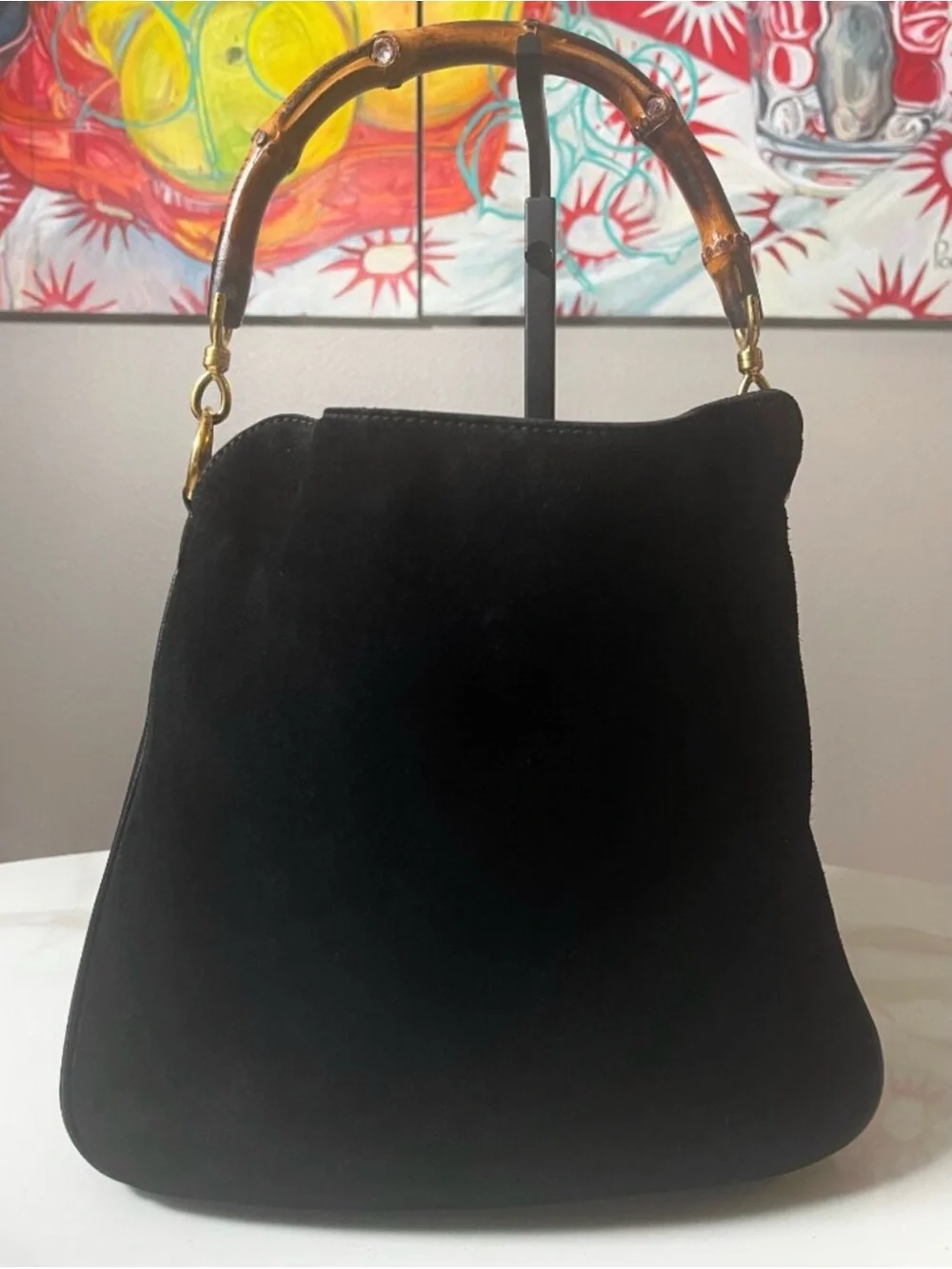 GUCCI 90s Tom Ford Suede Bohemian Natural Bamboo Wood Handle Hobo Bag Vintage
